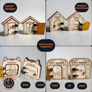 May include: A collection of laser-cut wooden interactive magnets featuring various designs including a chicken coop with a Do Not Disturb sign, a dog house with Beware of Dog text, a cat bathroom with Occupied text, and a Pet Casino with No Humans Allowed text.