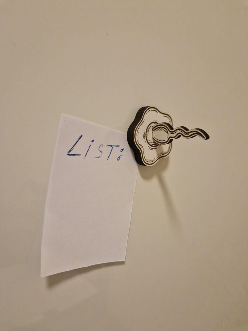 May include: A decorative wooden magnet in the shape of a cloud, holding a small white paper with the word "List:" written in blue ink. The magnet has a black outline and a white interior.