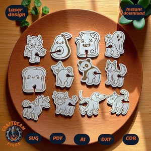 Grappige broodclip SVG-bundel Set van 12 lasergesneden tastagbestanden | Herbruikbare clips voor dieren, eten en halloween | Glowforge xTool-compatibel