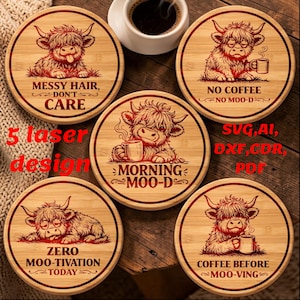 Hooglanders onderzetters svg-bundel, gravureontwerp voor lasersnijden, laserbestand, laserbrandbestanden, glowforge-bestanden, xxtool-bestanden