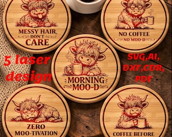 Highland cow coasters svg bundle, Engraving Design for laser cutting, Laser file, Laser burn files, glowforge files, xxtool files