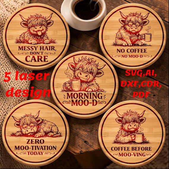 Highland cow coasters svg bundle, Engraving Design for laser cutting, Laser file, Laser burn files, glowforge files, xxtool files