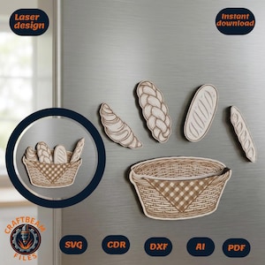 May include: A laser design file set featuring wooden-style illustrations of a woven basket with a checkered cloth and various bread types including a croissant, a braided loaf, an oval loaf, and a baguette, with file formats SVG, CDR, DXF, AI, and PDF.