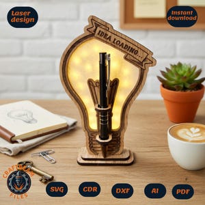 Light Bulb Pen Stand Laser Cut File, Idea Loading Desk Decor (SVG, DXF, PDF)