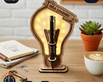 Light Bulb Pen Stand Laser Cut File, Idea Loading Desk Decor (SVG, DXF, PDF)