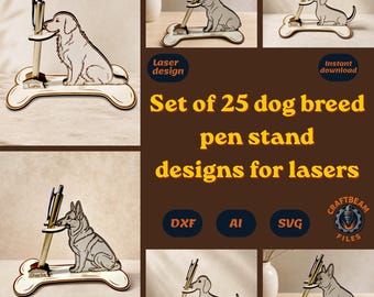 Dog Breed Pen Holder SVG Bundle – 25 Personalized Dog Desk Organizer Laser Cut Files