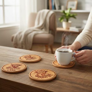 May include: A set of four round light brown wooden coasters featuring engraved illustrations of Highland cows. Each coaster displays unique text including "Messy Hair, Don't Care" and "Morning Moo-d" alongside a steaming white ceramic coffee mug.