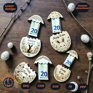 Fichier découpé au laser Pâques cash cadeau porte-carte SVG | Lot de 4 œufs coulissants en argent | Fichier xTool Glowforge | Limes laser argent gi