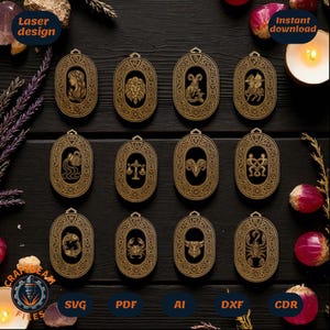 May include: A collection of twelve laser-cut wooden zodiac sign pendants. Each pendant features a detailed zodiac symbol within an oval frame. The pendants are gold-colored with black backgrounds. The image includes the text "Laser design" and "Instant download".