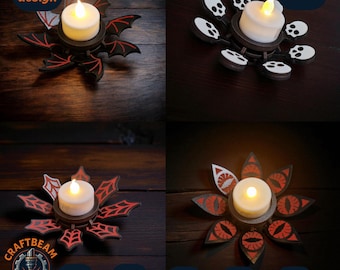 Halloween Tealight Candle Holder Set of 4 - Spooky Laser Cut SVG