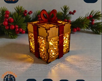 Christmas Gift Box Lantern SVG | 3D Light Box Laser Cut File for Glowforge xTool | Holiday Centerpiece | V3