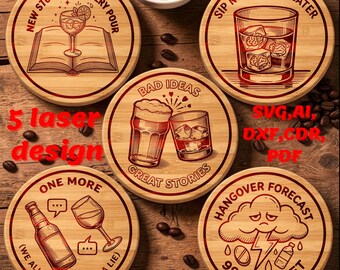 Funny Drink Coaster Bundle, Laser Engraving Designs (svg, ai, dxf, pdf)