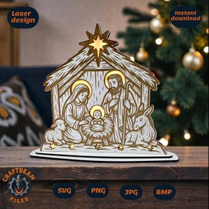 Può includere: Un presepe in legno tagliato al laser con una stella in cima. La scena raffigura Maria, Giuseppe e il bambino Gesù, con un agnello e un asino. Il testo "Laser design" e "Instant download" sono visibili. La base ha il testo "Craftbeam Files" e icone di tipo di file.