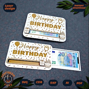 Archivo SVG de portamonedas deslizante cortado con láser para tarjetas de regalo de cumpleaños o dinero en efectivo