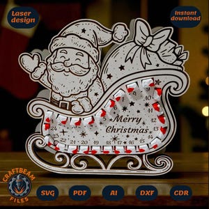 Weihnachtsmann-Schlitten-Adventskalender – Laserschnittdateien (SVG, DXF, PDF)