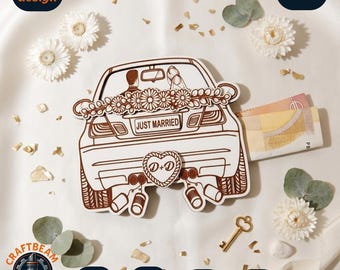 Wedding Money Gift Holder SVG | Just Married Car Laser Cut File | Bridal Cash Card DXF | Wedding Gift Envelope | Glowforge Download