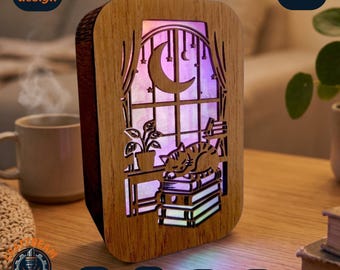 Cat Reading Nook Lightbox SVG, Cozy Moon Window Shadow Box Lamp Laser File (Digital Download)