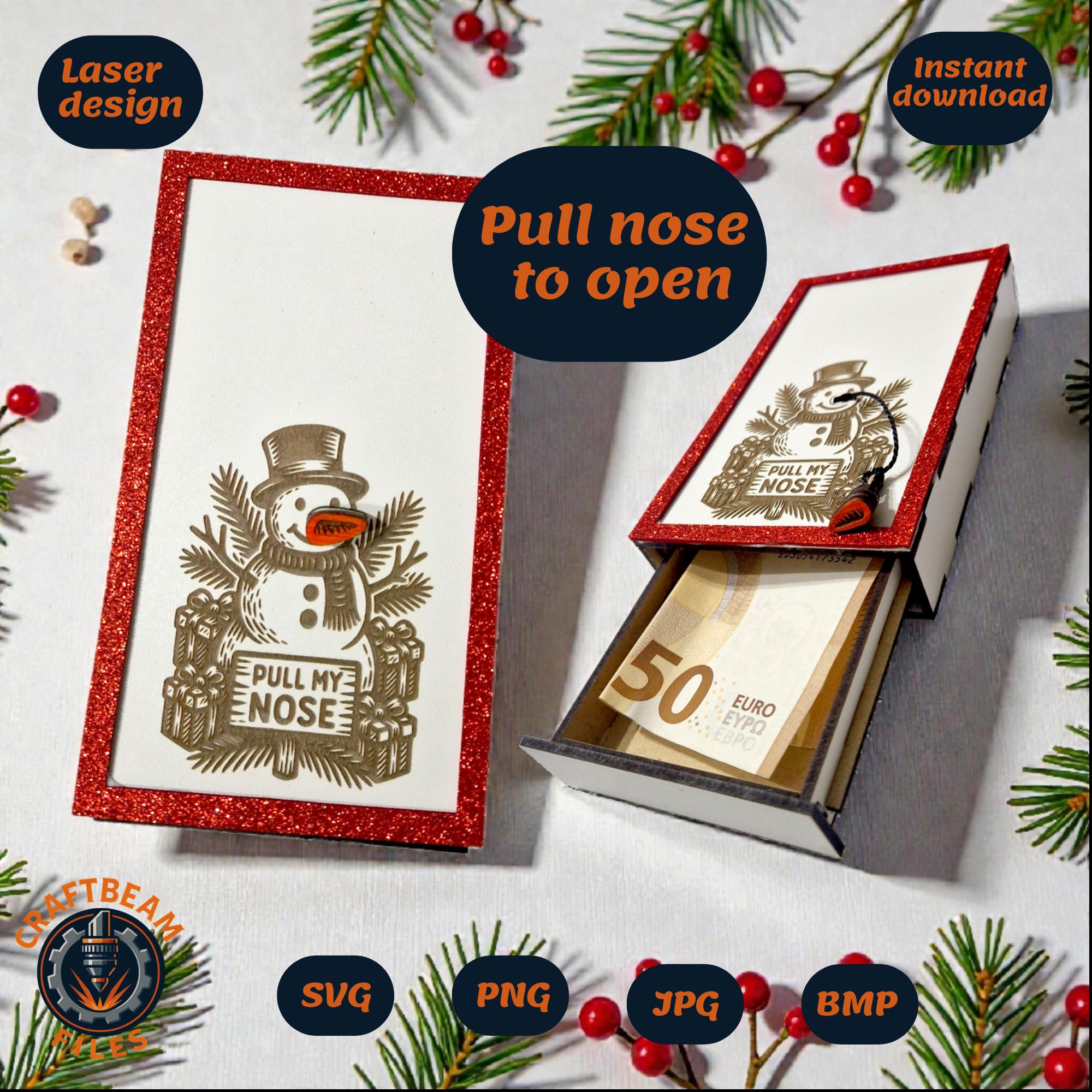 Snowman Money Gift Card SVG Pull Nose to Open Christmas Cash Holder Laser Cut File for Glowforge xTool Xmas Gift Card Template