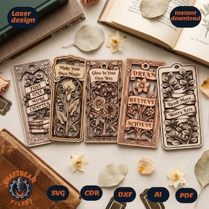 Può includere: Cinque segnalibri rettangolari in legno con intricati disegni floreali e botanici tagliati al laser. Ogni segnalibro presenta testi incisi tra cui Just One More Chapter, Make Your Own Magic, Glow In Your Own Way, Dream Believe Achieve e Read More, Worry Less.