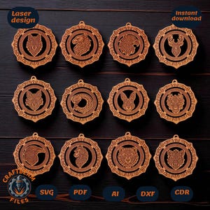 Puede incluir: Colección de adornos de madera cortados con láser con diseños de animales, incluyendo un lobo, águila, ciervo, zorro, serpiente, conejo y oso. Cada adorno tiene forma circular con intrincados nudos celtas y un pequeño agujero para colgar. Las palabras "Laser design" y "Instant download" son visibles.