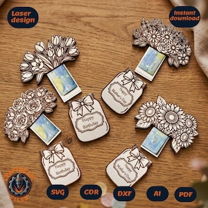 Porta-dinheiro cortado a laser em SVG | Arquivo para cartão-presente em pote floral (conjunto de 4)