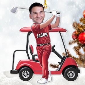Personalized Face Golfer Swing Cart Ornament, Golf Lover Christmas Home Ornament, Flat 2d Ornament, Christmas Golf Gift, Acrylic Ornament