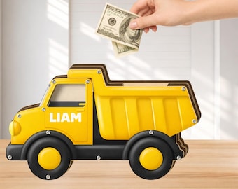 Personalized Dump Truck Wooden Piggy Bank, Kids Coin Bank, Yellow Vehicle Money Box, Nursery Room Decor, Construction Saving Money Box
