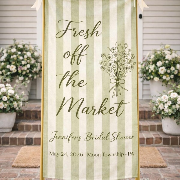Personalized Bridal Shower Banner Polyester Tapestry, Fresh Off The Market, Wedding Party Entrance Door Decor, Bridal Flower Line Banner