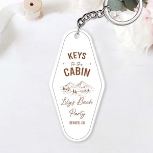 Custom Bachelorette Cabin Party Keychain, Personalized Motel Keyring, Camping Batch Weekend Favor Charm, Custom Acrylic Gift Camping Trip