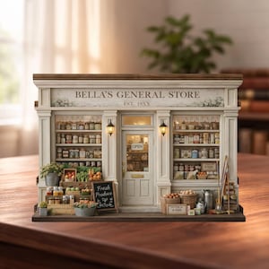 May include: A miniature model of Bella's General Store, with a cream-colored facade, glass windows, and a brown roof. The store is stocked with miniature groceries, produce, and other items. The sign above reads "Bella's General Store Est. 19XX".