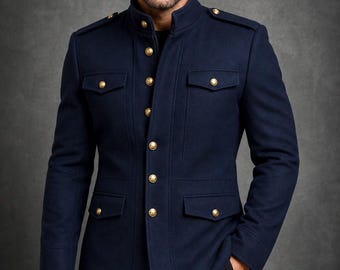Herren Navy Militäroffizier Manteljacke, Vintage Steampunk Kapitän Uniform Regency Fashion Blazer