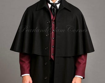 Men's Victorian Black Wool Cape Coat, Gothic Cloak Overcoat