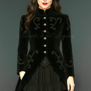 Gothic Victoriaans zwart fluwelen slipjas dames, steampunk militair geborduurde staart lange jas