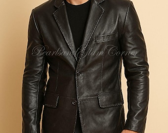 Men’s Black Leather Blazer Jacket, Slim Fit Fashion Coat