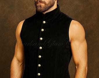 Men’s Victorian Steampunk Black Velvet Waistcoat Vest, Sleeveless Nehru Jacket, Vintage Gothic Style