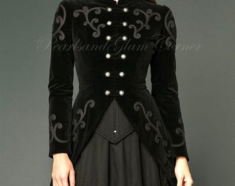 Women's Black Velvet Gothic Victorian Tailcoat, Steampunk Military Embroidered Cosplay Tail Jacket