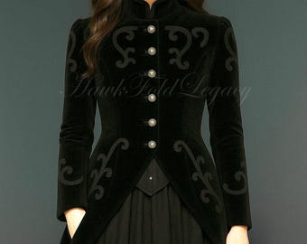 Frac gótico victoriano de terciopelo negro para mujer, chaqueta larga de cola bordada estilo steampunk militar