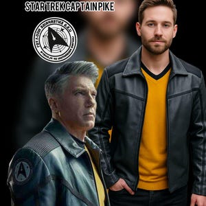 Captain Pike Schwarze Lederjacke, Star Trek inspirierte Lederjacke, Schwarze Sci-Fi Kostüm Oberbekleidung Modernes Geek Fashion Outfit, Sci-Fi Fans
