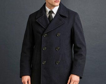 Men’s Victorian Navy Wool Pea Coat, Vintage Gothic Edwardian Peacoat, Winter Coat Jacket