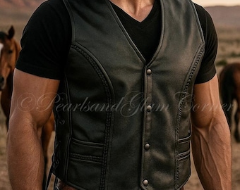 Men’s Black Leather Motorcycle Vest, Handmade Vintage Biker Riding waistcoat