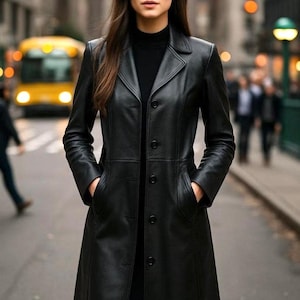 Women's Black Long Leather Trench Coat, Gothic Steampunk Vintage Streetwear Overcoat