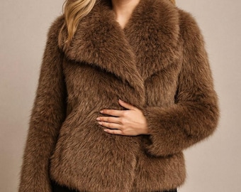 Women’s Brown Faux Fur Coat, Vintage Fluffy Soft Plush Winter Ladies Jacket, Oversized Outerwear