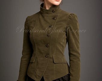 Women’s Military Victorian Steampunk Gothic Jacket Coat, Vintage Olive Green High Collar Fall Fashion Outerwear
