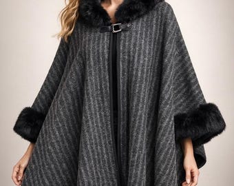 Women's Black Wool Cloak Cape Coat with Faux Fur, Vintage Gothic Winter Poncho Overcoat