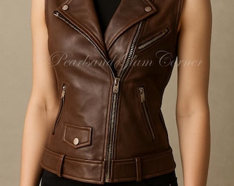 Women’s Brown Leather Biker Moto Vest, Handmade Gothic Punk Rock Sleeveless Motorcycle Jacket Waistcoat