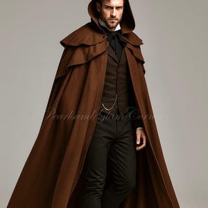 Viktorianischer Brauner Inverness Woll-Kap-Mantel mit Kapuze, Steampunk Gothic Umhang Mantel Sherlock Holmes