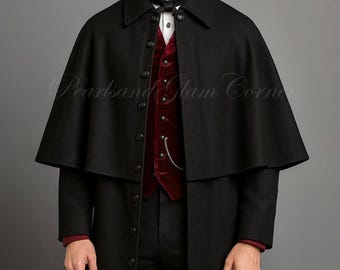 Men’s Victorian Gothic Black Wool Cape Cloak Coat, Vintage Steampunk Overcoat Long Jacket Outerwear