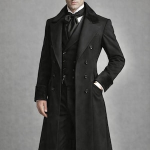 Cappotto lungo da uomo in lana nera in stile vittoriano gotico Regency, trench soprabito lungo vintage steampunk edoardiano