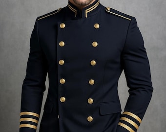 Abrigo de lana para oficial militar de la Marina, chaqueta vintage estilo steampunk de doble botonadura, estilo regencia.