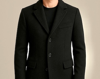 Men’s Black Wool Long Overcoat, Slim Fit Formal Winter Dress Tailored Coat Long Jacket